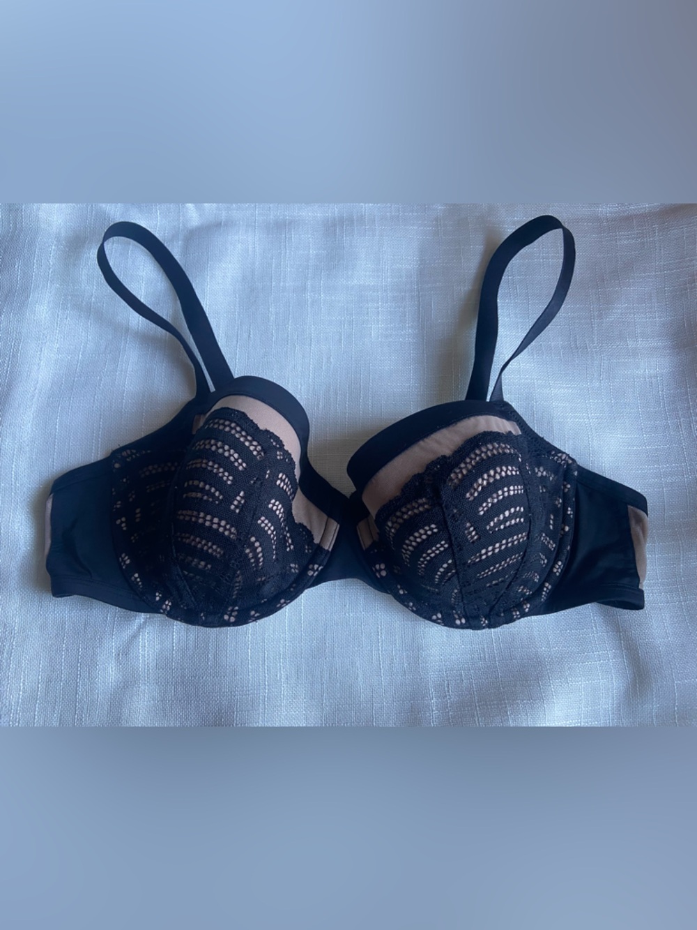 Third Love Deco Lace Demi Bra 36C Nude Black Lace Gold Underwire sexy